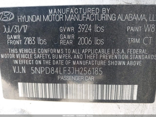 5NPD84LF3JH256185 Hyundai ELANTRA SEL