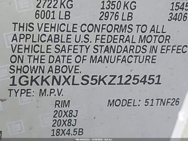 1GKKNXLS5KZ125451 GMC Acadia Denali
