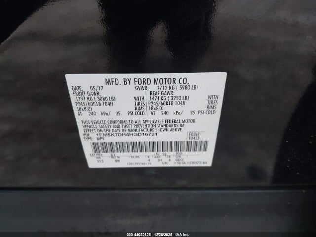 Продаж на аукціоні авто 2017 Ford Explorer Xlt, vin: 1FM5K7DH4HGD16721, номер лоту: 44022325