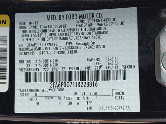 2018 FORD FUSION 3FA6P0G71JR228816 Photo 8