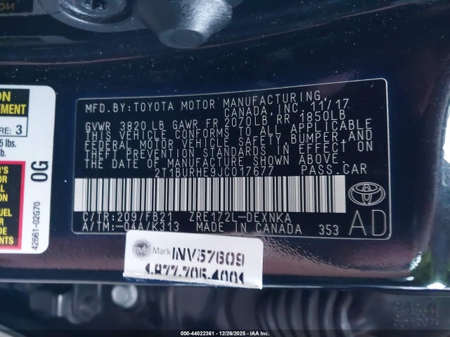 2018 TOYOTA COROLLA 2T1BURHE9JC017677 Photo 8