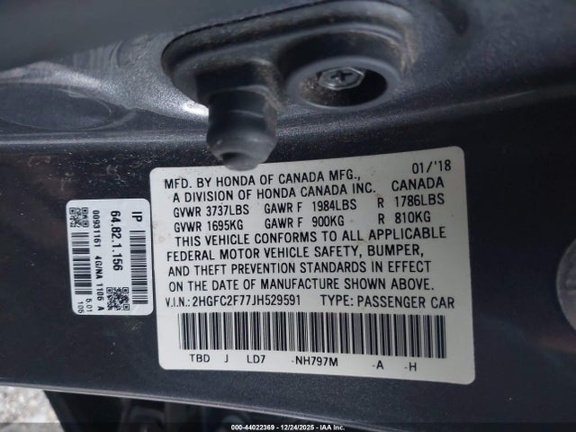 Honda CIVIC EX 2018 2HGFC2F77JH529591 Image 9