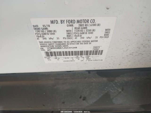 1FM5K8B81JGC01248 Ford Explorer