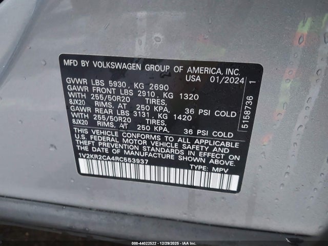 Продаж на аукціоні авто 2024 Volkswagen Atlas 2.0t Se W/technology, vin: 1V2KR2CA4RC553937, номер лоту: 44022522