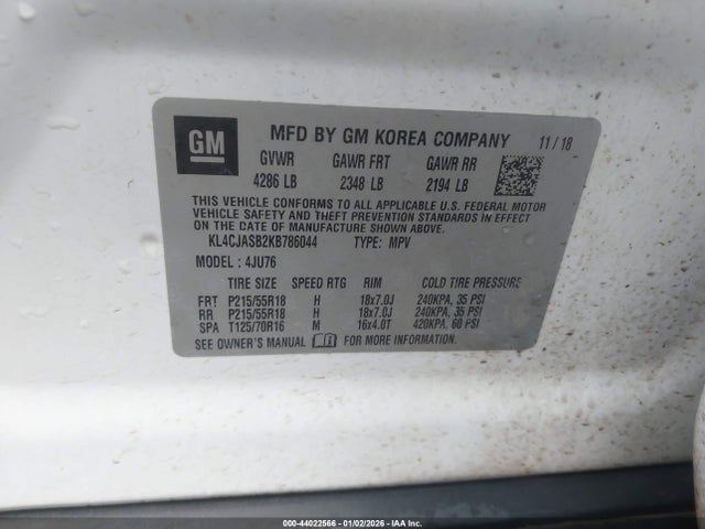 2019 Buick Encore Fwd Preferred მანქანა იყიდება აუქციონზე, vin: KL4CJASB2KB786044, აუქციონის ნომერი: 44022566