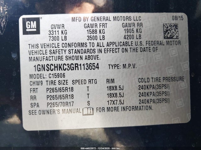 Chevrolet Suburban Lt 2016 1GNSCHKC3GR113654 Image 9
