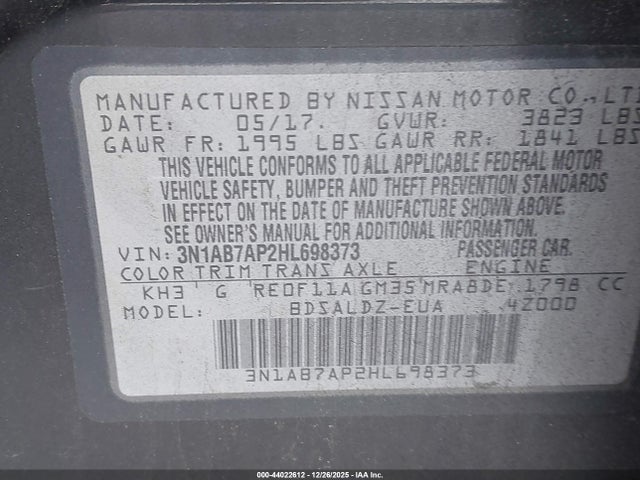 3N1AB7AP2HL698373 Nissan SENTRA SV