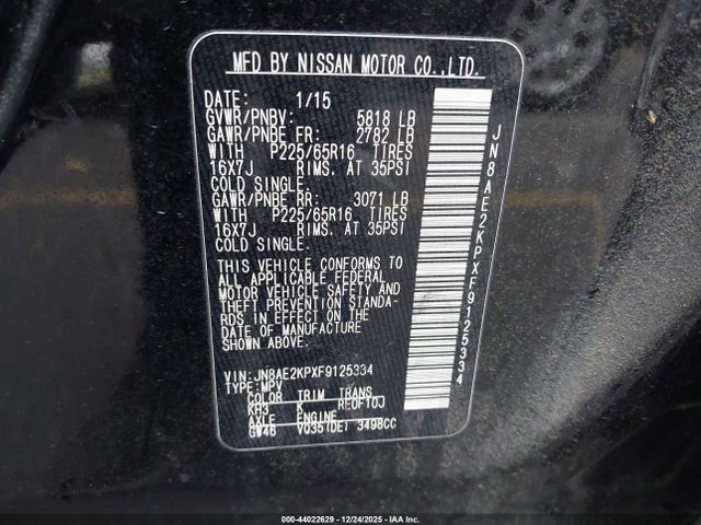 2015 Nissan Quest Platinum/s/sl/sv მანქანა იყიდება აუქციონზე, vin: JN8AE2KPXF9125334, აუქციონის ნომერი: 44022629
