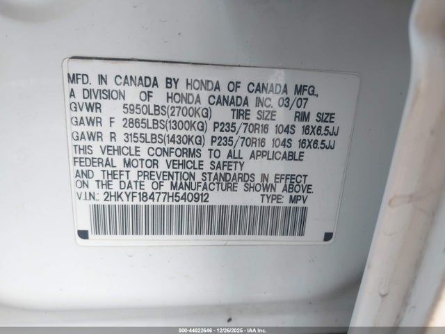2007 HONDA PILOT 2HKYF18477H540912 Photo 8