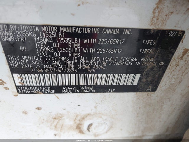 2T3WFREV1FW172835 Toyota Rav4 Xle