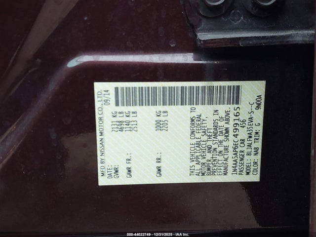 Продаж на аукціоні авто 2014 Nissan Maxima 3.5 Sv, vin: 1N4AA5AP6EC499165, номер лоту: 44022749