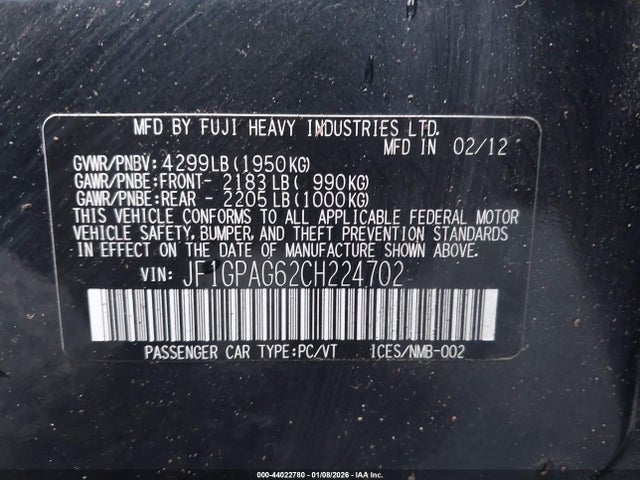 2012 Subaru Impreza 2.0i Limited მანქანა იყიდება აუქციონზე, vin: JF1GPAG62CH224702, აუქციონის ნომერი: 44022780