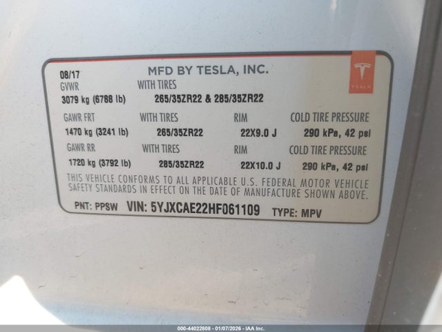 2017 TESLA MODEL X 5YJXCAE22HF061109 Photo 8