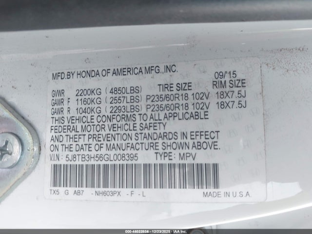5J8TB3H56GL008395 Acura Rdx Technology Acurawatch Plus Packages/technology Package