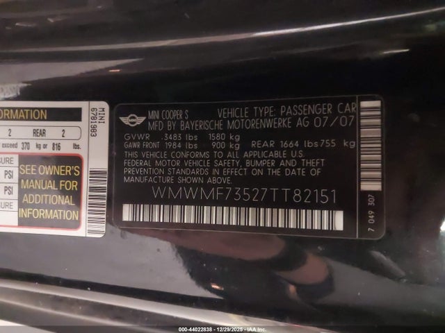 2007 MINI COOPER S WMWMF73527TT82151 Photo 8