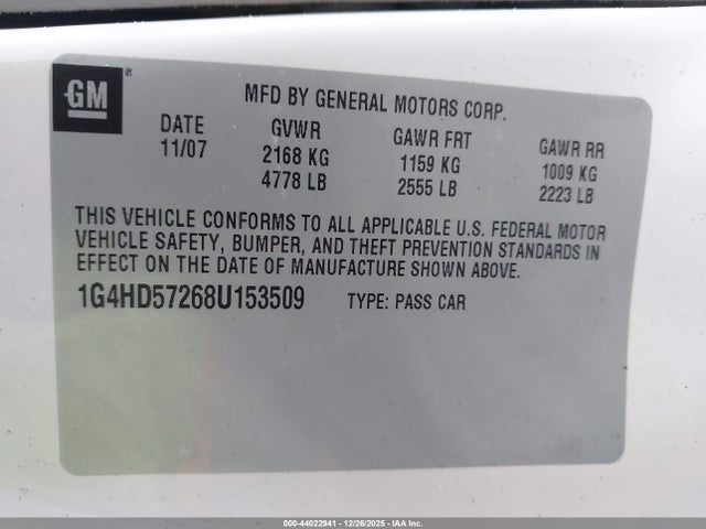 44022941 :رقم المزاد ، 1G4HD57268U153509 vin ، 2008 Buick Lucerne Cxl مزاد بيع