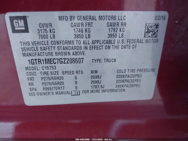 Aukcja sprzedaży 2016 Gmc Sierra 1500 Sle, vin: 1GTR1MEC7GZ208607, numer aukcji: 44022998