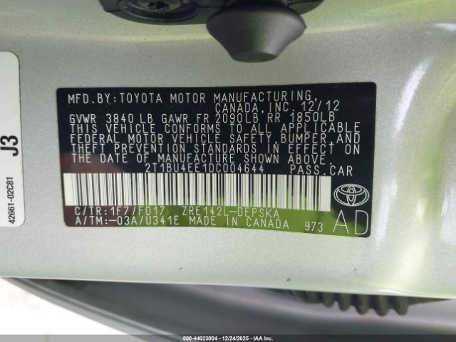 2013 TOYOTA COROLLA 2T1BU4EE1DC004644 Photo 8