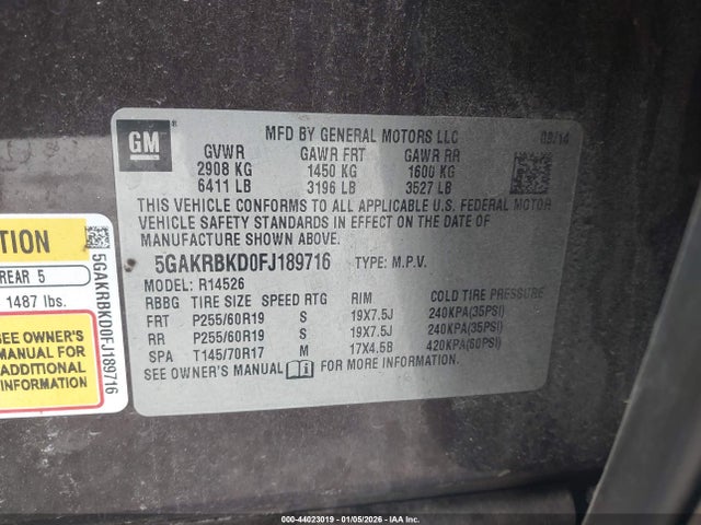 44023019 :رقم المزاد ، 5GAKRBKD0FJ189716 vin ، 2015 Buick Enclave Leather مزاد بيع