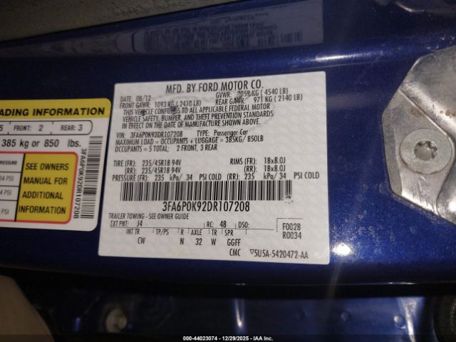 2013 FORD FUSION 3FA6P0K92DR107208 Photo 8