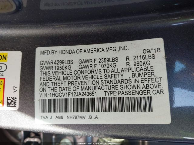 2018 HONDA ACCORD 1HGCV1F12JA243651 Photo 8