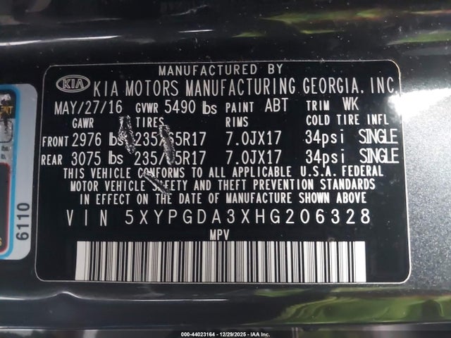 Продажа на аукционе авто 2017 Kia Sorento 2.4l Lx, vin: 5XYPGDA3XHG206328, номер лота: 44023164