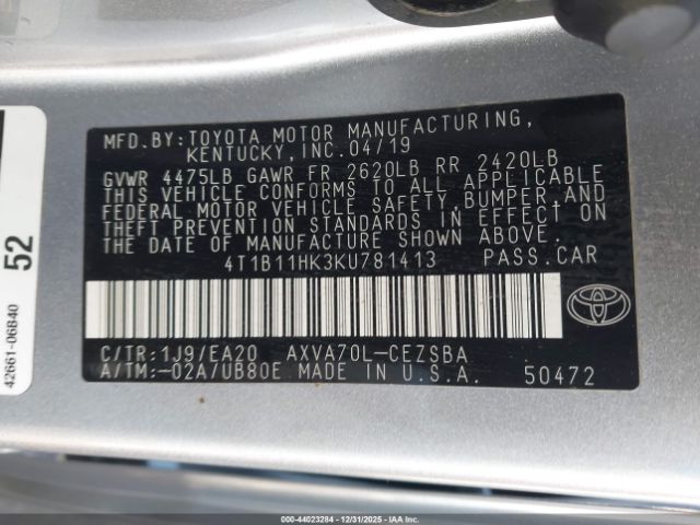 2019 TOYOTA CAMRY 4T1B11HK3KU781413 Photo 8