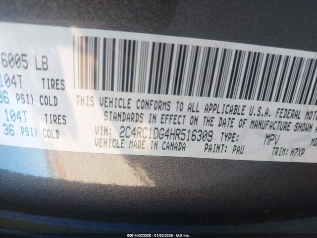 Продажа на аукционе авто 2017 Chrysler Pacifica Touring, vin: 2C4RC1DG4HR516309, номер лота: 44023320