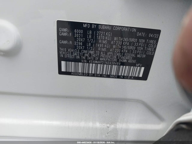 44023438 :رقم المزاد ، 4S4WMAPD1N3438489 vin ، 2022 Subaru Ascent Limited مزاد بيع