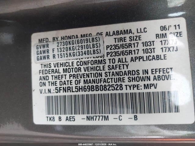 2011 HONDA ODYSSEY 5FNRL5H69BB082528 Photo 8