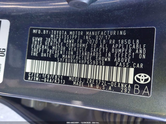 Aukcja sprzedaży 2017 Toyota Corolla Le, vin: 5YFBURHE4HP659010, numer aukcji: 44023591