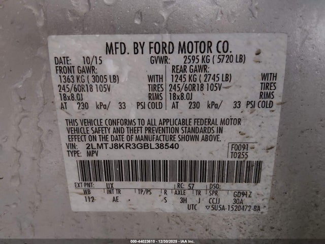 2LMTJ8KR3GBL38540 Lincoln Mkx Select