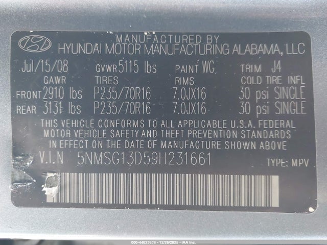 Aukcja sprzedaży 2009 Hyundai Santa Fe Gls, vin: 5NMSG13D59H231661, numer aukcji: 44023638