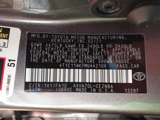 4T1C11AK7MU442106 Toyota CAMRY LE