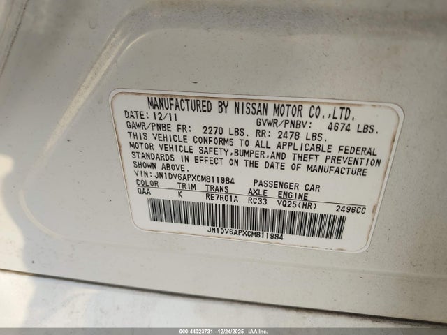 44023731 :رقم المزاد ، JN1DV6APXCM811984 vin ، 2012 Infiniti G25 Journey مزاد بيع