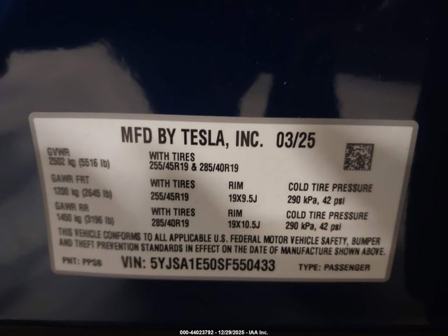 2025 TESLA MODEL S 5YJSA1E50SF550433 Photo 8