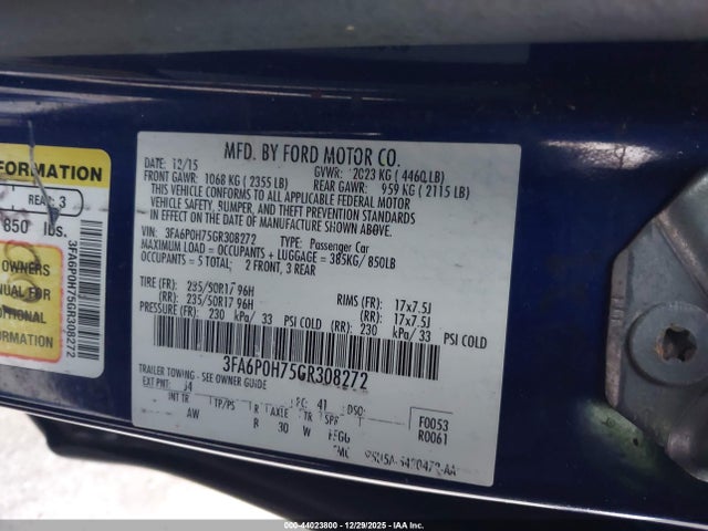 Ford FUSION SE 2016 3FA6P0H75GR308272 Image 9