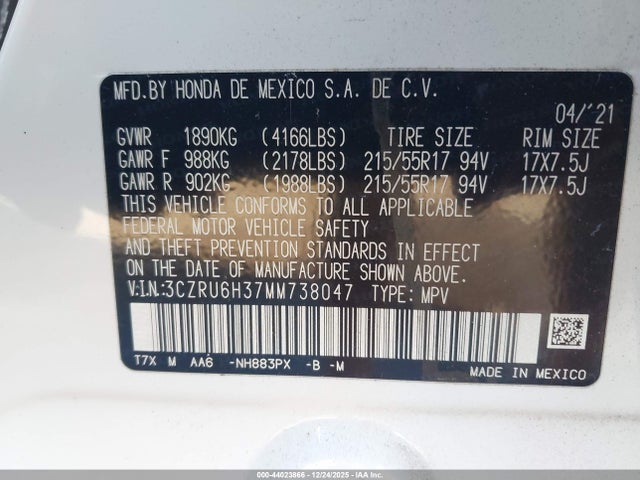 2021 Honda Hr-v Awd Lx მანქანა იყიდება აუქციონზე, vin: 3CZRU6H37MM738047, აუქციონის ნომერი: 44023866