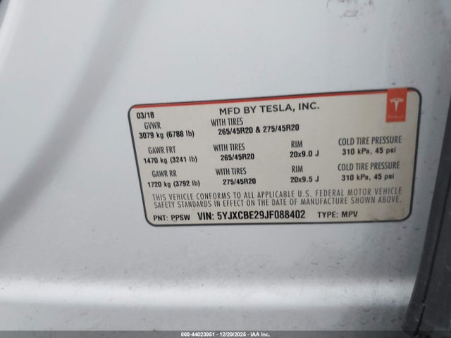 Продажа на аукционе авто 2018 Tesla Model X 100d/75d/p100d, vin: 5YJXCBE29JF088402, номер лота: 44023951