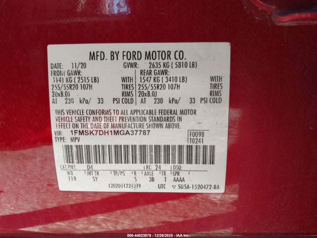 Продажа на аукционе авто 2021 Ford Explorer Xlt, vin: 1FMSK7DH1MGA37787, номер лота: 44023979