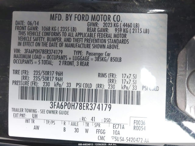 Ford FUSION SE 2014 3FA6P0H78ER374179 Image 9