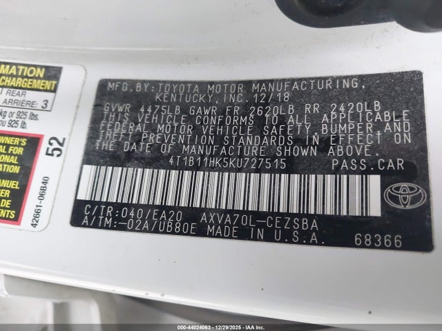 4T1B11HK5KU727515 Toyota CAMRY SE