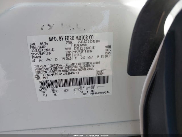 2016 Ford Edge Titanium მანქანა იყიდება აუქციონზე, vin: 2FMPK4K91GBB43734, აუქციონის ნომერი: 44024113