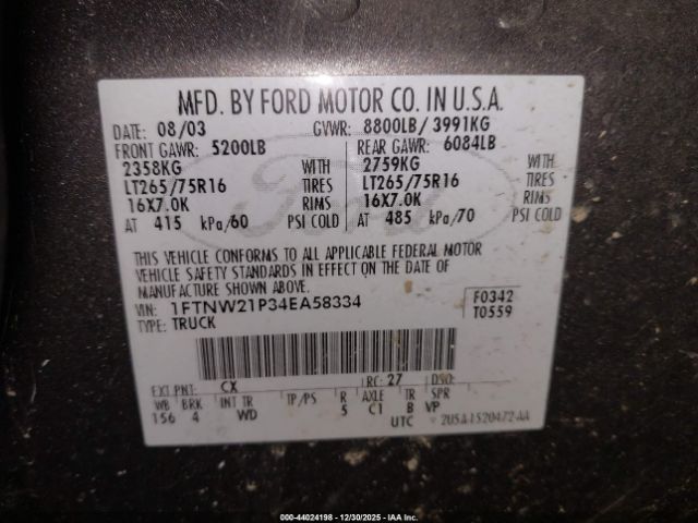 2004 FORD F-250 1FTNW21P34EA58334 Photo 8