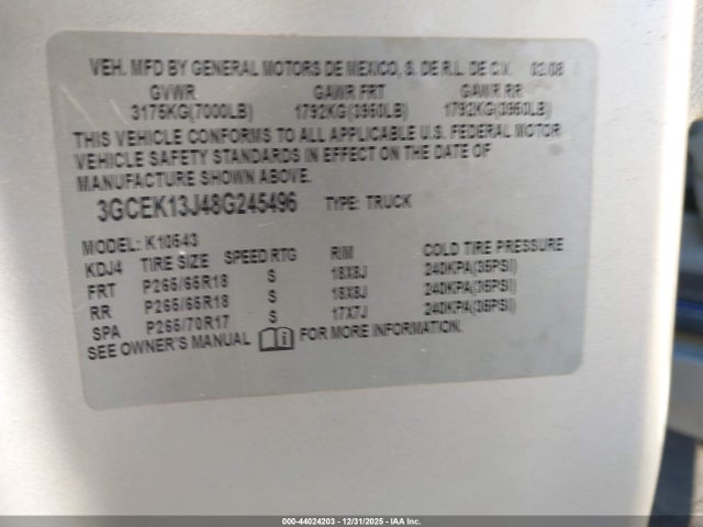 2008 Chevrolet Silverado 1500 Lt2 მანქანა იყიდება აუქციონზე, vin: 3GCEK13J48G245496, აუქციონის ნომერი: 44024203