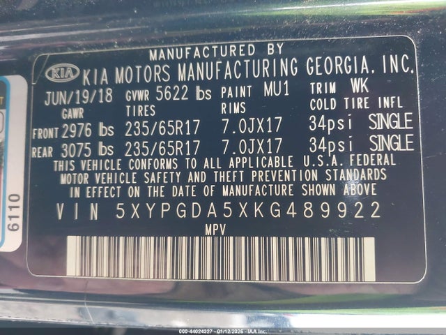 Продаж на аукціоні авто 2019 Kia Sorento 3.3l Lx, vin: 5XYPGDA5XKG489922, номер лоту: 44024327