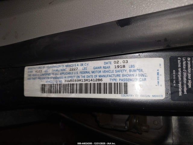 Продаж на аукціоні авто 2003 Volkswagen Jetta Gl 1.8t, vin: 3VWRE69M13M141286, номер лоту: 44024350