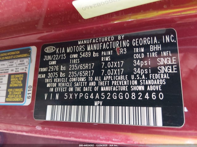 5XYPG4A52GG082460 KIA Sorento 3.3l Lx