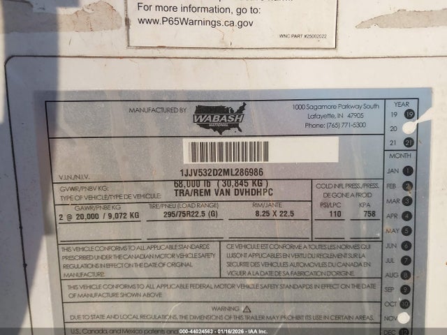 Продажа на аукционе авто 2021 Wabash National Corp Unknown, vin: 1JJV532D2ML286986, номер лота: 44024563