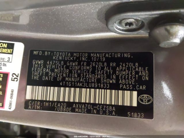 2020 TOYOTA CAMRY 4T1G11AK3LU891833 Photo 8
